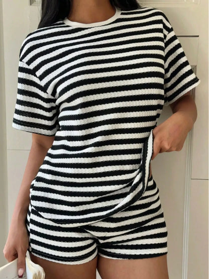 Striped Round Neck Top and Shorts Set