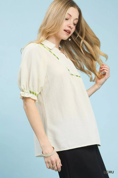 Umgee Scalloped Trim Blouse with Puff Sleeves