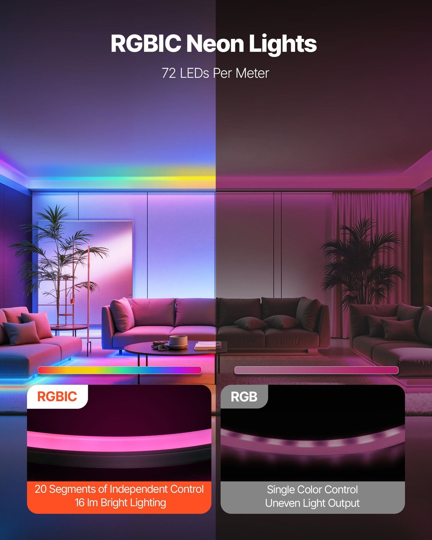 LED Neon Rope Light, 16.4 Ft, Flexible RGB-IC LED Strip Light, Control With App/Remote, Works With Alexa & Google Assistant, Music Syncing, Custom DIY Neon Flex Lights, For Bedroom Gaming Indoor