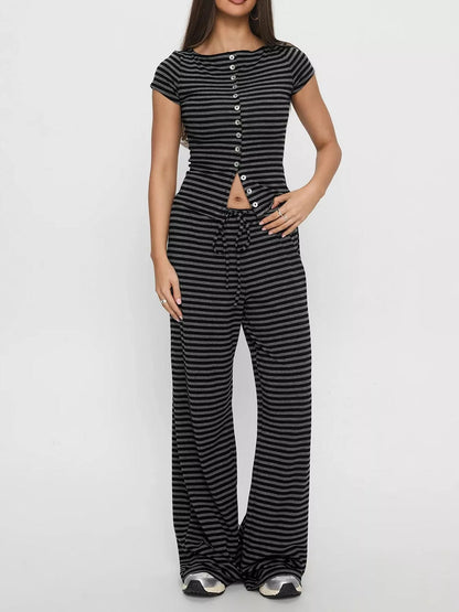 Striped Button-Down Top and Wide-Leg Pants Set