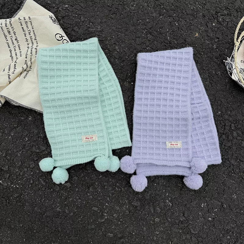 Waffle Knit Pom-Pom Scarf