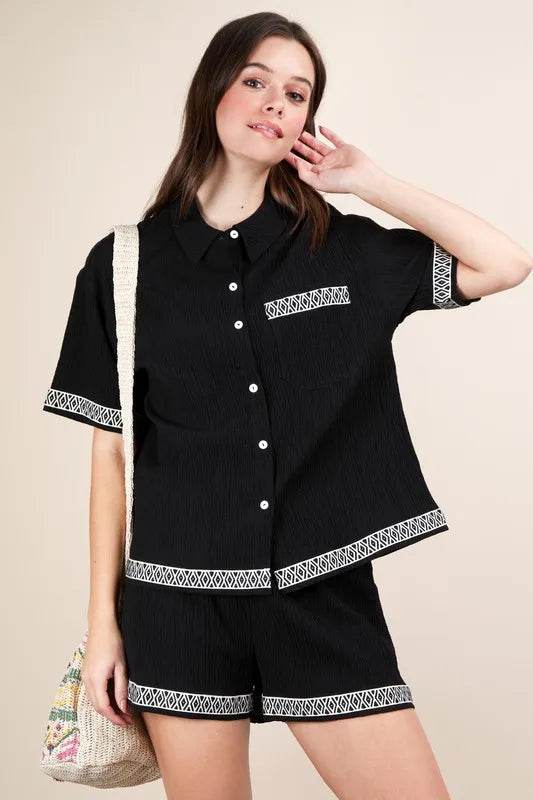 VERY J Crinkled Woven Shirt Top & Shorts Set