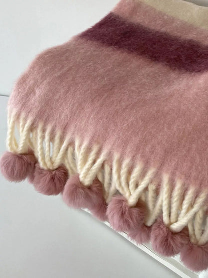 Rainbow Striped Fuzzy Scarf with Pom-Poms