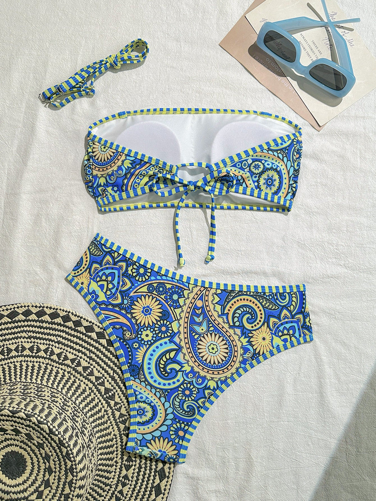 Women's Paisley Print Bandeau Bikini Set, Strapless Top With Removable Strap & High Cut Bottom
