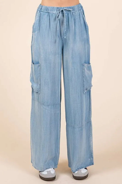 Mittoshop Washed Elastic Waist Cargo Wide Leg Pants
