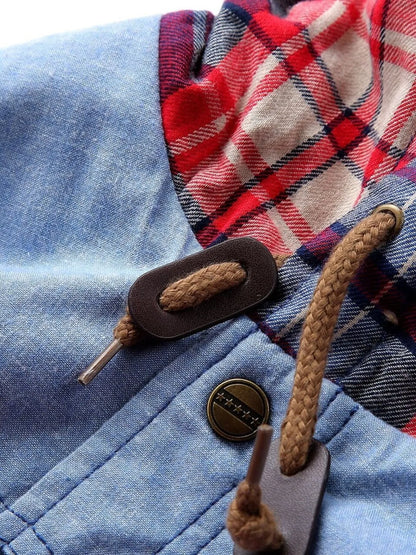 Men's Plus Size Drawstring Plaid Fleece Lined Hooded Outerwear