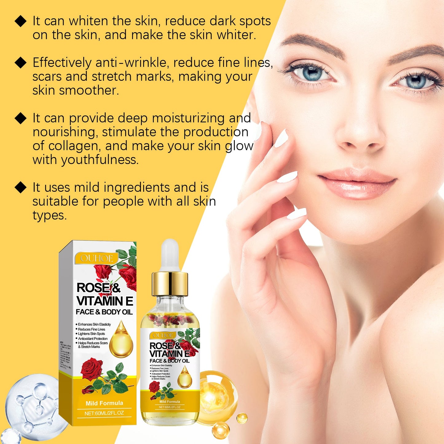 OUHOE Rose Vitamin E Essential Oil Moisturizes And Brightening Face To Improve Skin Elasticity And Radiance