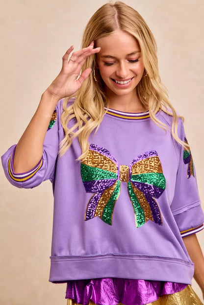 BiBi Mardi Gras Theme Ribbon Sequin Patched Top