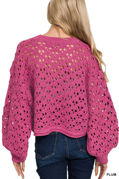 Zenana Oversized Cropped Crochet Knit Sweater