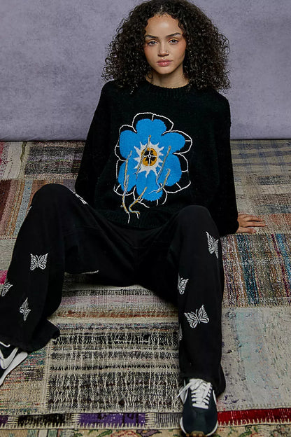 POL Floral Pattern Round Neck Sweater with Exposed Stitching