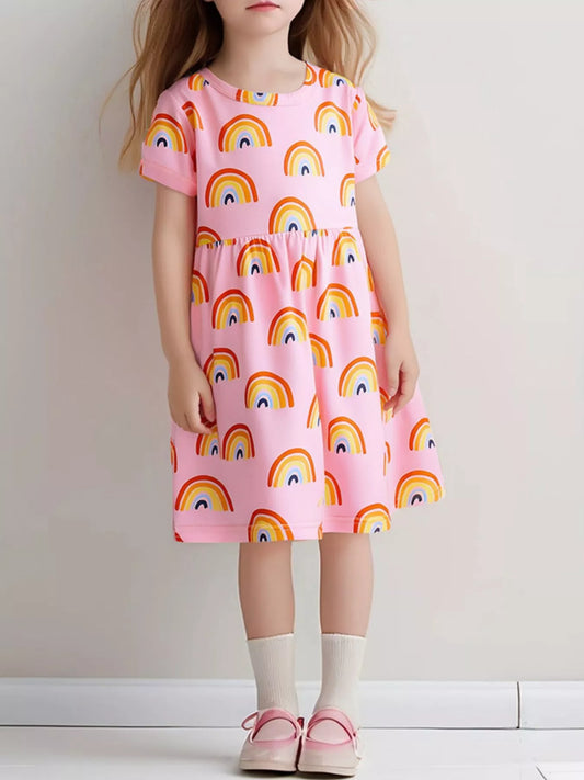 Children's Rainbow Print Short Sleeve Casual Dress