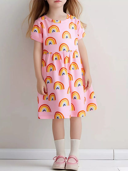 Children's Rainbow Print Short Sleeve Casual Dress