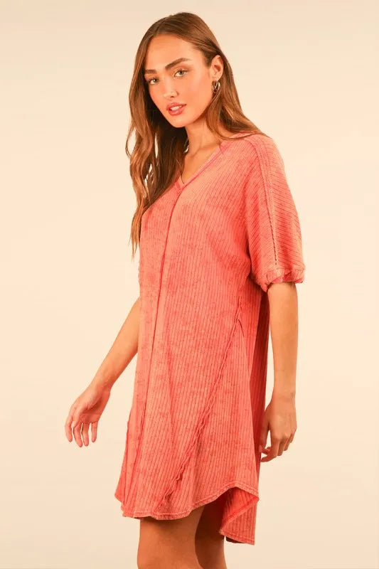 VERY J Plus Size Mineral Washed Ribbed Knit Mini Dress