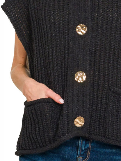 Zenana Button Down Sweater Vest with Front Pockets