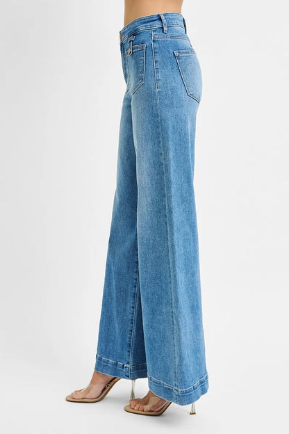RISEN Full Size Mid Rise Wide Front Patch Pocket Jeans Plus Size