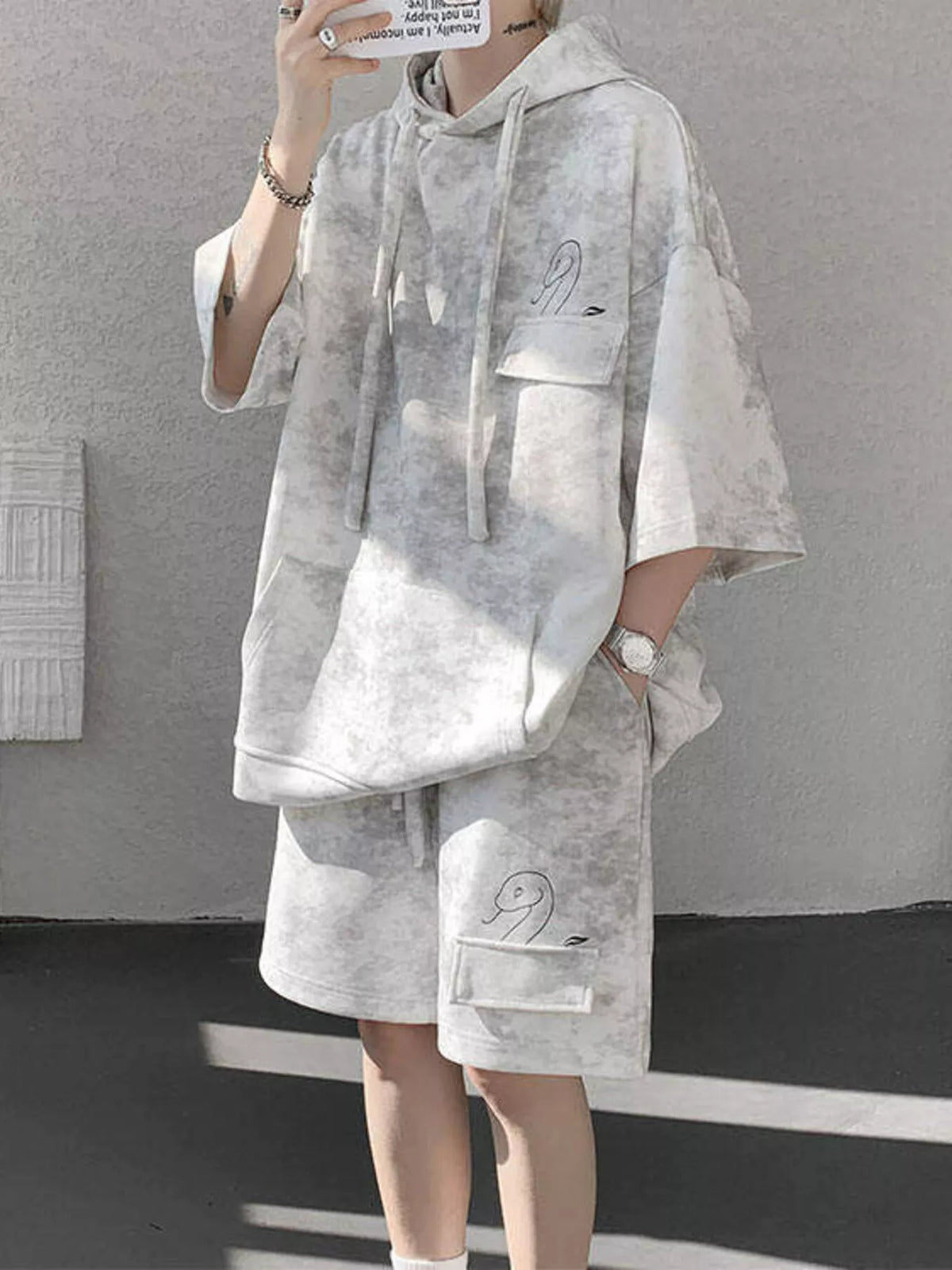 Men's Plus Size Casual Washed Hoodie & Shorts Set