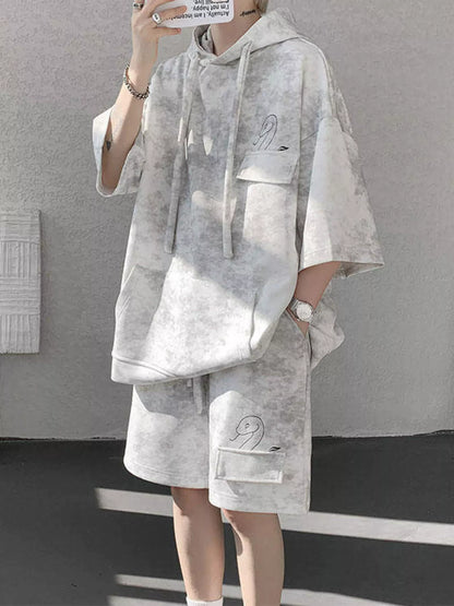 Men's Plus Size Casual Washed Hoodie & Shorts Set