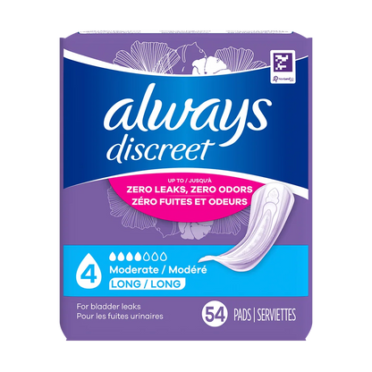 Always Discreet Moderate Long Pads, 4 Drops
