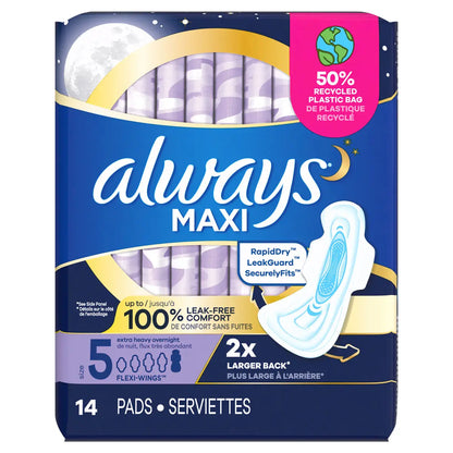 Always Maxi Size 5 Extra Heavy Overnight Pads with Wings, Unscented