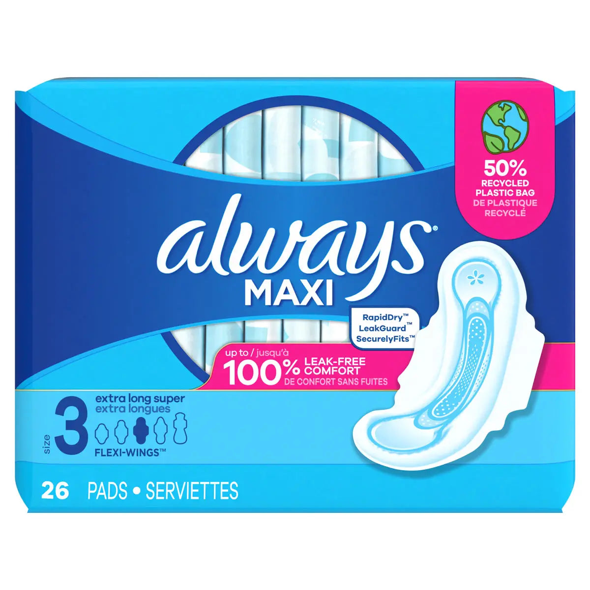 Always Maxi Size 3 Extra Long Super Pads with Wings, Unscented