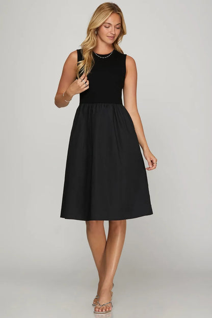 She + Sky Full Size Sleeveless Poplin Woven Midi Dress with Pockets Plus Size