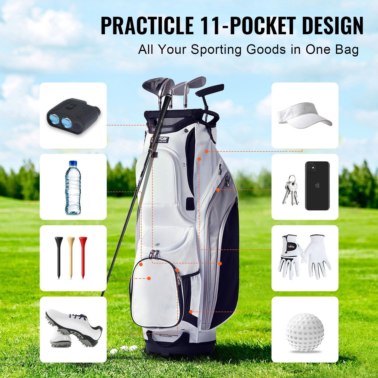 Golf Cart Bag With 14 Way Organizer Divider Top, 36” 13 Pockets Premium Nylon Cart Bag, Durable Golf Bags With Handles & Dust Cover & Detachable Straps For Men & Women, White Color-Block