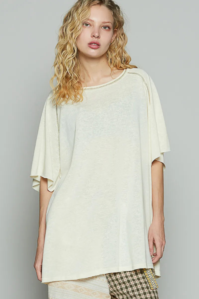 POL Contrast Stitching Half Sleeve Oversized T-Shirt