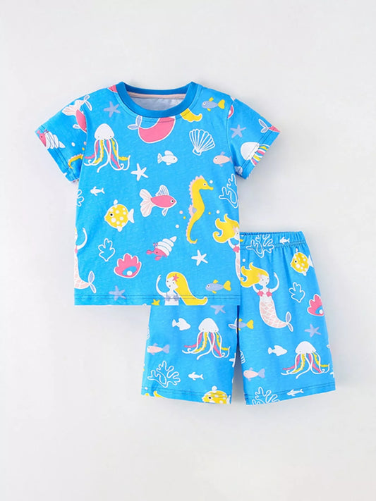 Children's Ocean Print Round Neck Top and Shorts Set