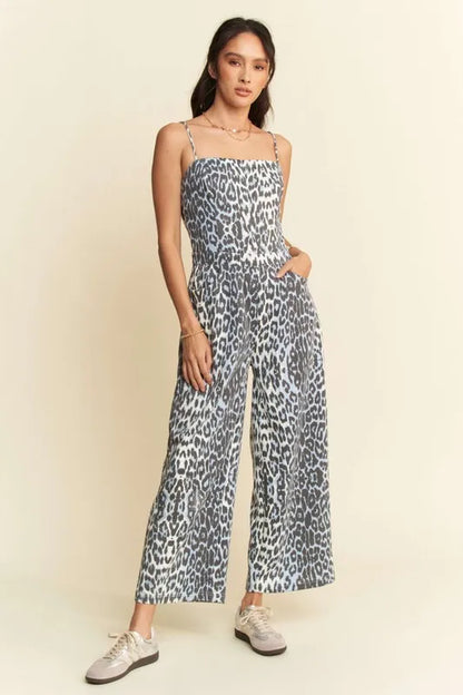 Davi & Dani Leopard Spaghetti Straps Wide Leg Jumpsuit