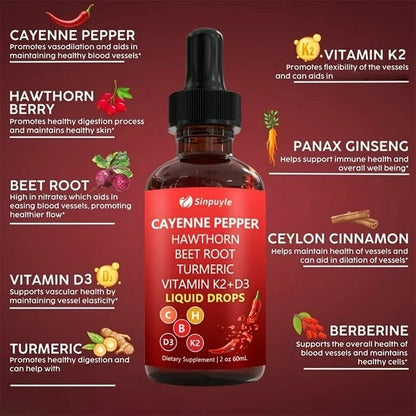 Cayenne Pepper Hawthorn Beet Root Turmeric Liquid Drops With Vitamin K2 D3 60ML