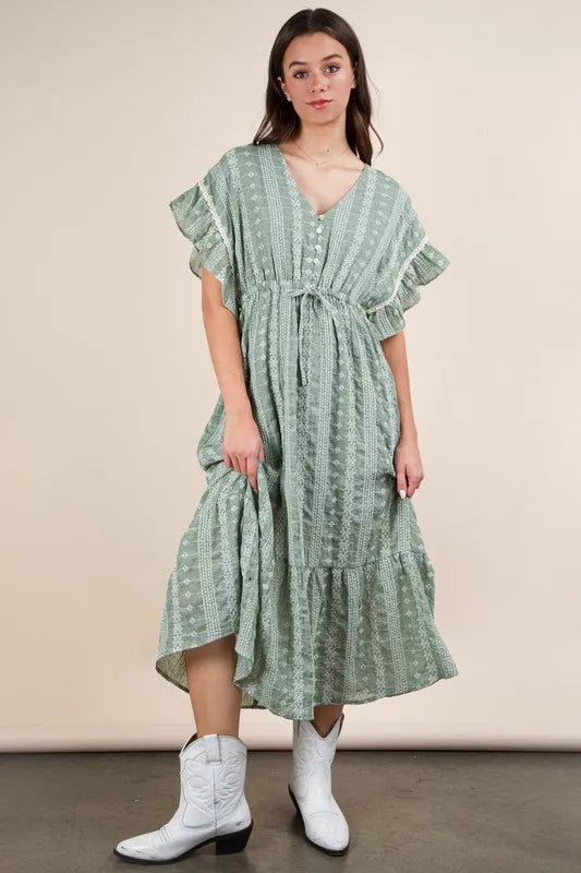 VERY J Embroidered Boho Ruffled Midi Dress
