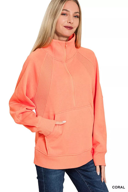 Zenana Half Zip Fleece Sweatshirt with kangaroo Pocket