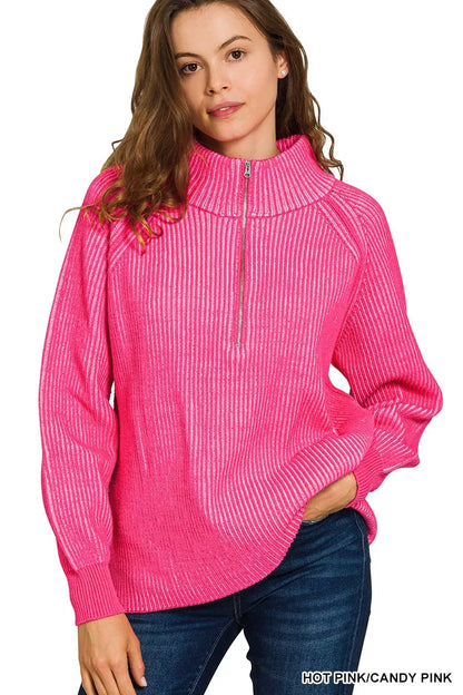 Zenana Ribbed Two Tone Half Zip Sweater