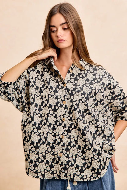 BiBi Floral Jacquard Short Dolman Sleeves Shirt