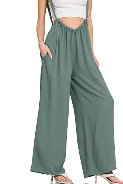 Zenana Woven Tie Back Suspender Jumpsuit