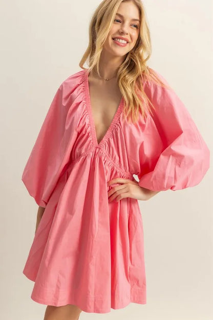 HYFVE Plunge Balloon Sleeve Poplin Mini Dress with Pockets