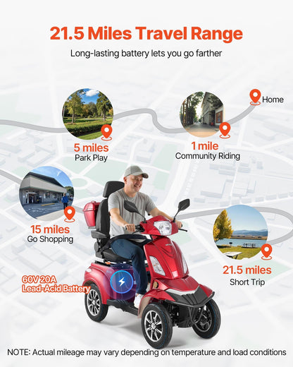 Heavy Duty 4-Wheel Mobility Scooters For Seniors & Adults, 500lbs Capacity, 21.5 Miles 3-Speed Long Range, 1000W All Terrain Electric Recreational Scooter Wheelchair, 20° Max Climbing Capacity