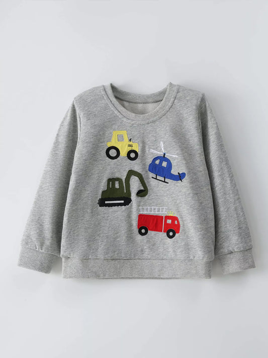 Children's Cartoon Vehicle Graphic Crew Neck Sweatshirt