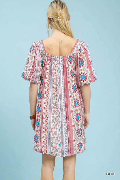 Umgee Mixed Print Puff Sleeve Mini Dress