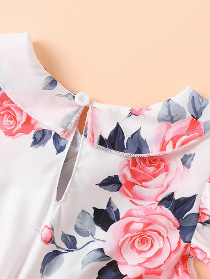 Children's Floral Print Ruffle Trim Bow Pleated Dress