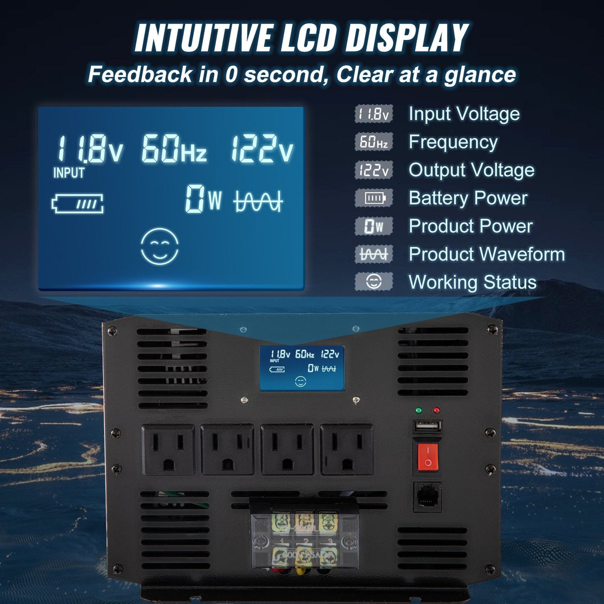 Pure Sine Wave Inverter 3500 Watt Power Inverter, DC 12V To AC 120V Car Inverter, With USB Port LCD Display Remote Controller And AC Outlets For RV Truck Car Solar System Travel Camping