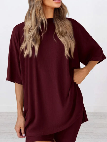 Full Size Oversized Slit Round Neck Top and Shorts Lounge Set Plus Size