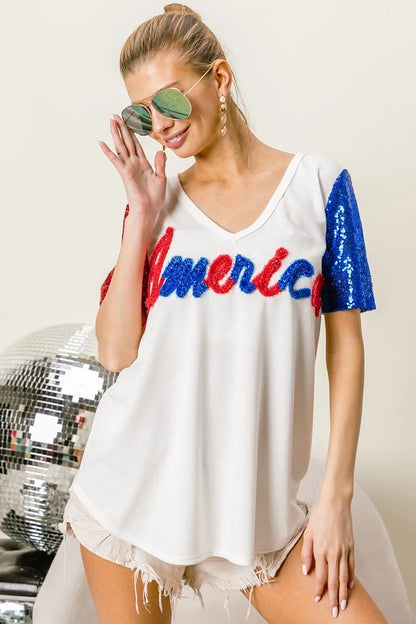 BiBi Metallic Letter V-neck Sequin Sleeves Top