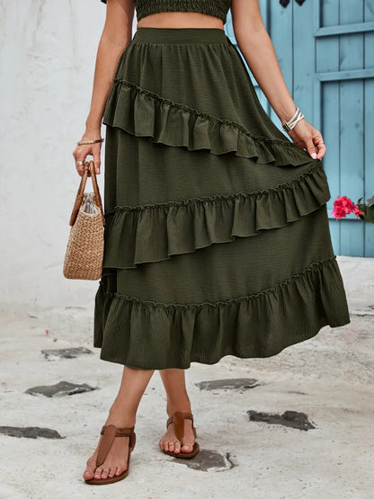 Honey Ruffled Elastic Waist Midi Skirt