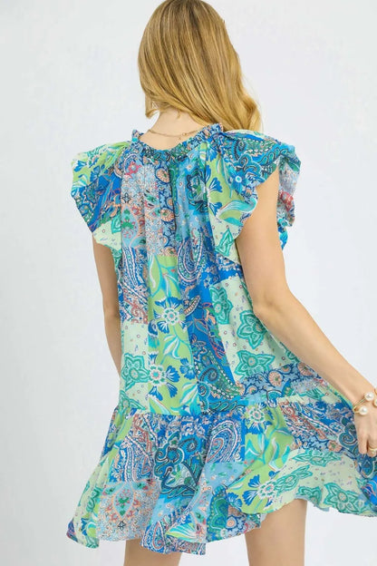 Umgee Printed Ruffle Cap Sleeve Mini Dress