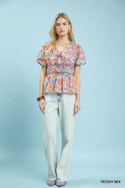 Umgee Mix Floral Smocked Waist Blouse