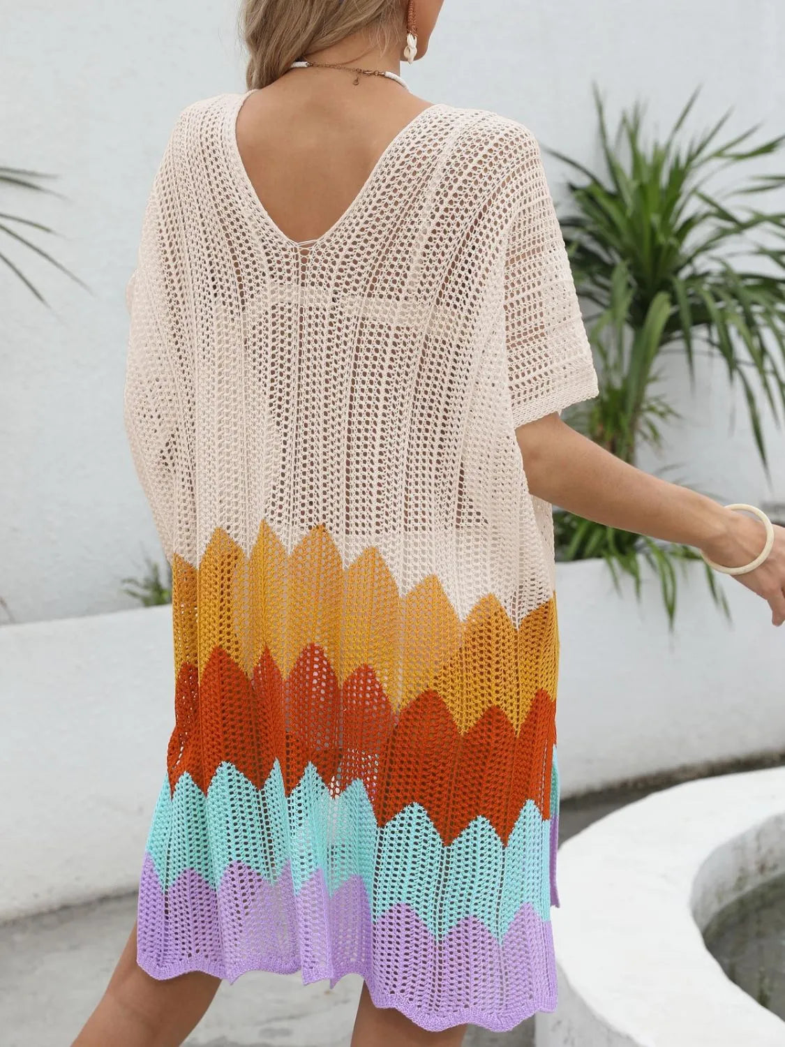 Openwork V-Neck Half Sleeve Cover-Up