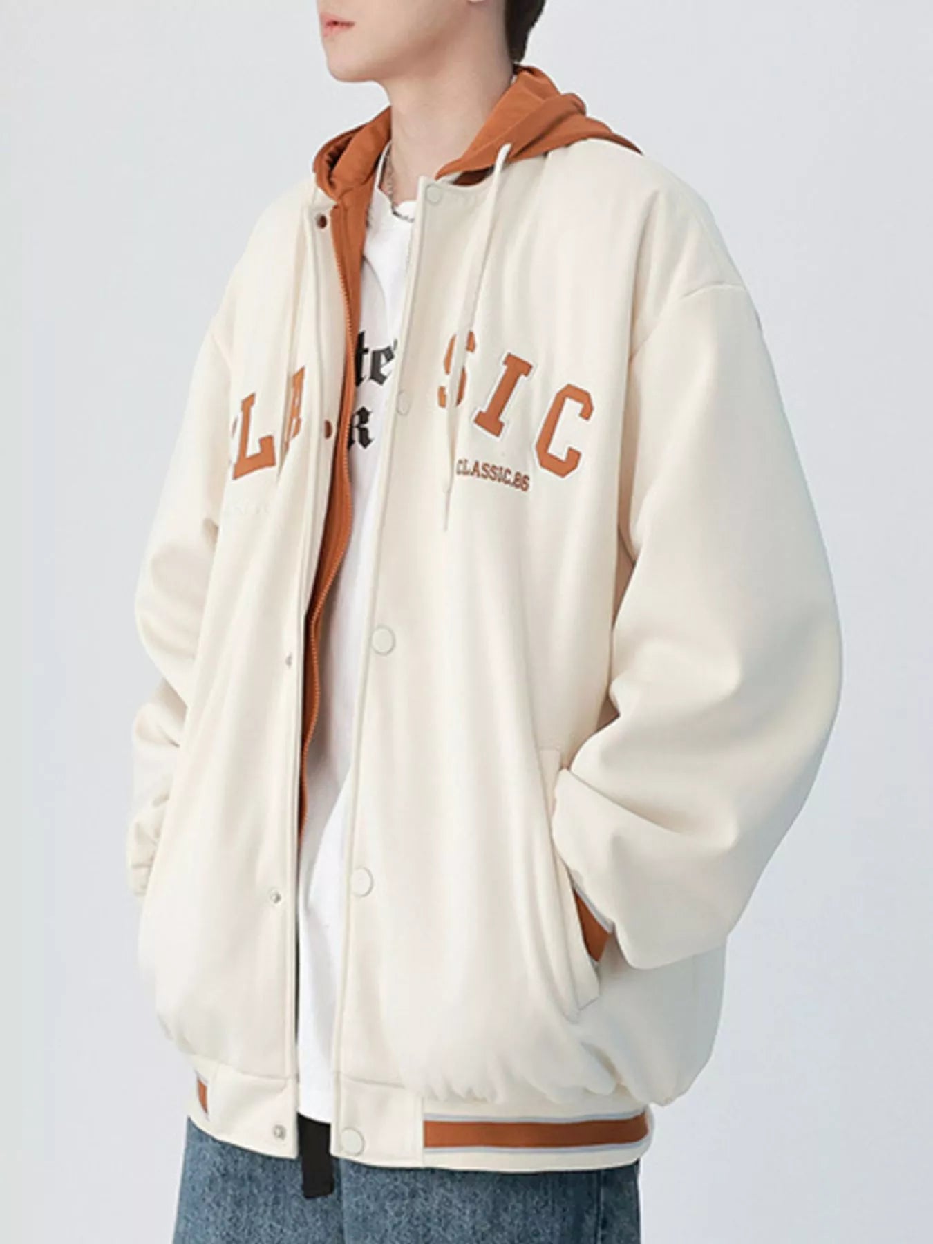 Men's Plus Size Snap Down Long Sleeve Drawstring Hooded Jacket