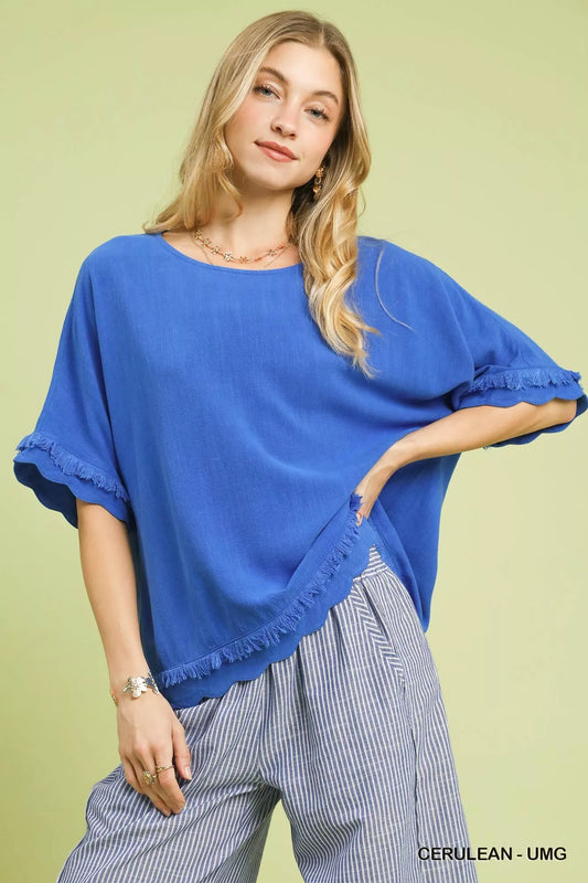 Umgee Linen Frayed Hem Scallop Edge Top