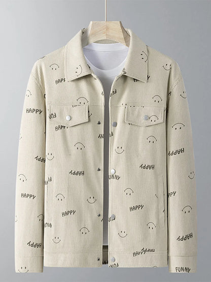 Men's Plus Size Smiley Face Print Snap Down Casual Jacket